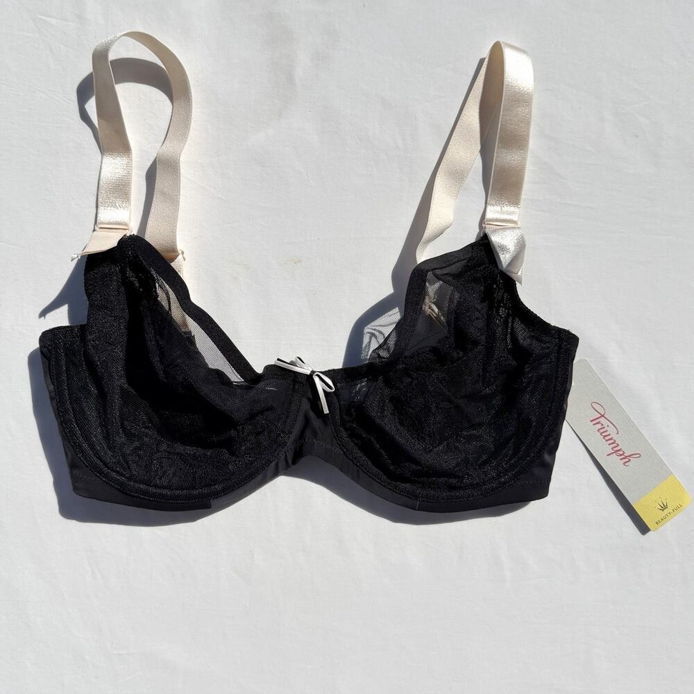 Triumph Beauty-Full Icon Underwire Unlined Bra US 34H Black Lace Pink Ribbon
